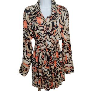 Vtg Jaclyn Smith Animal Print Tunic Shirt 2XL Belted Button Up Roll Tab Artsy